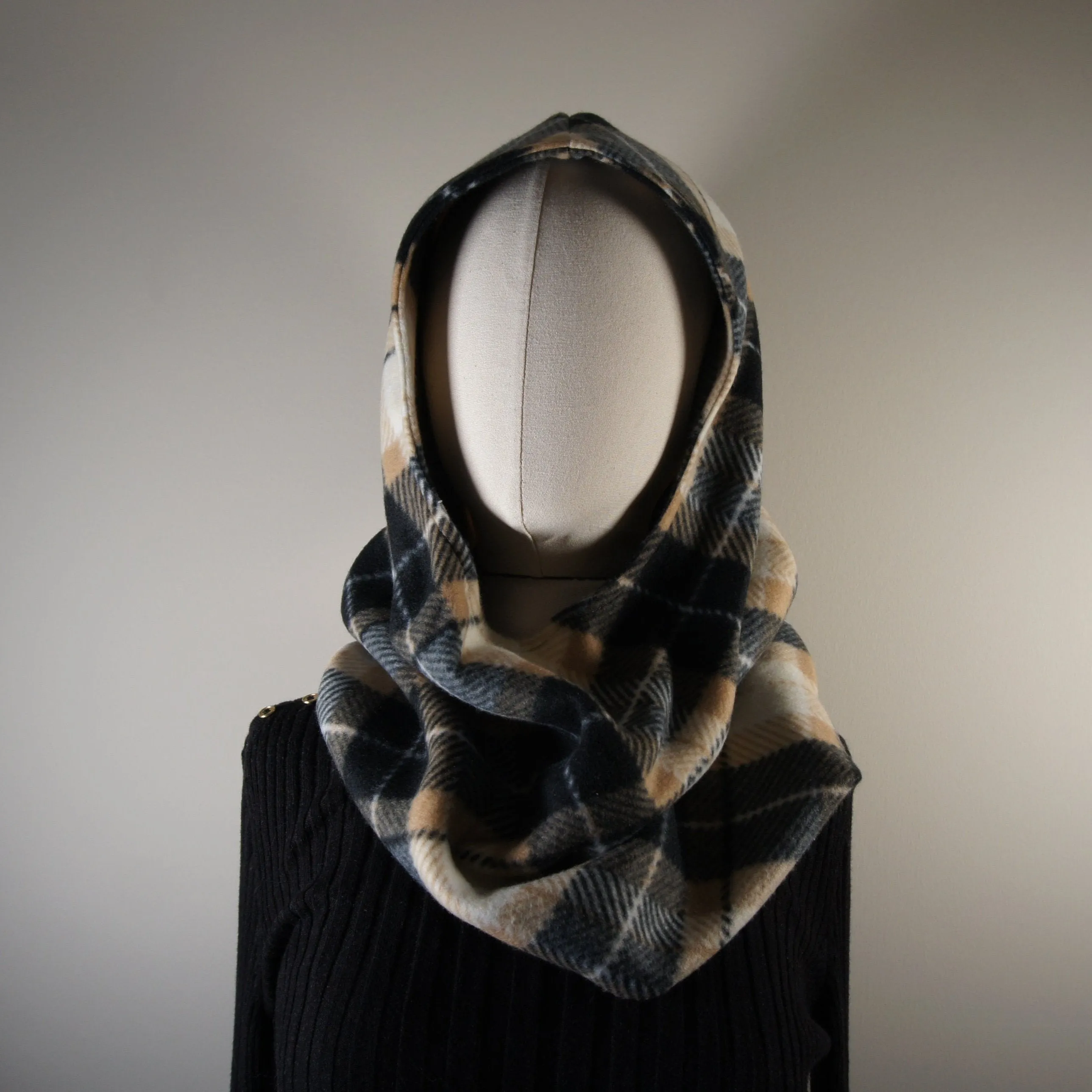 Accessories - Scarves - Hooded Cowl - Black and Beige Plaid