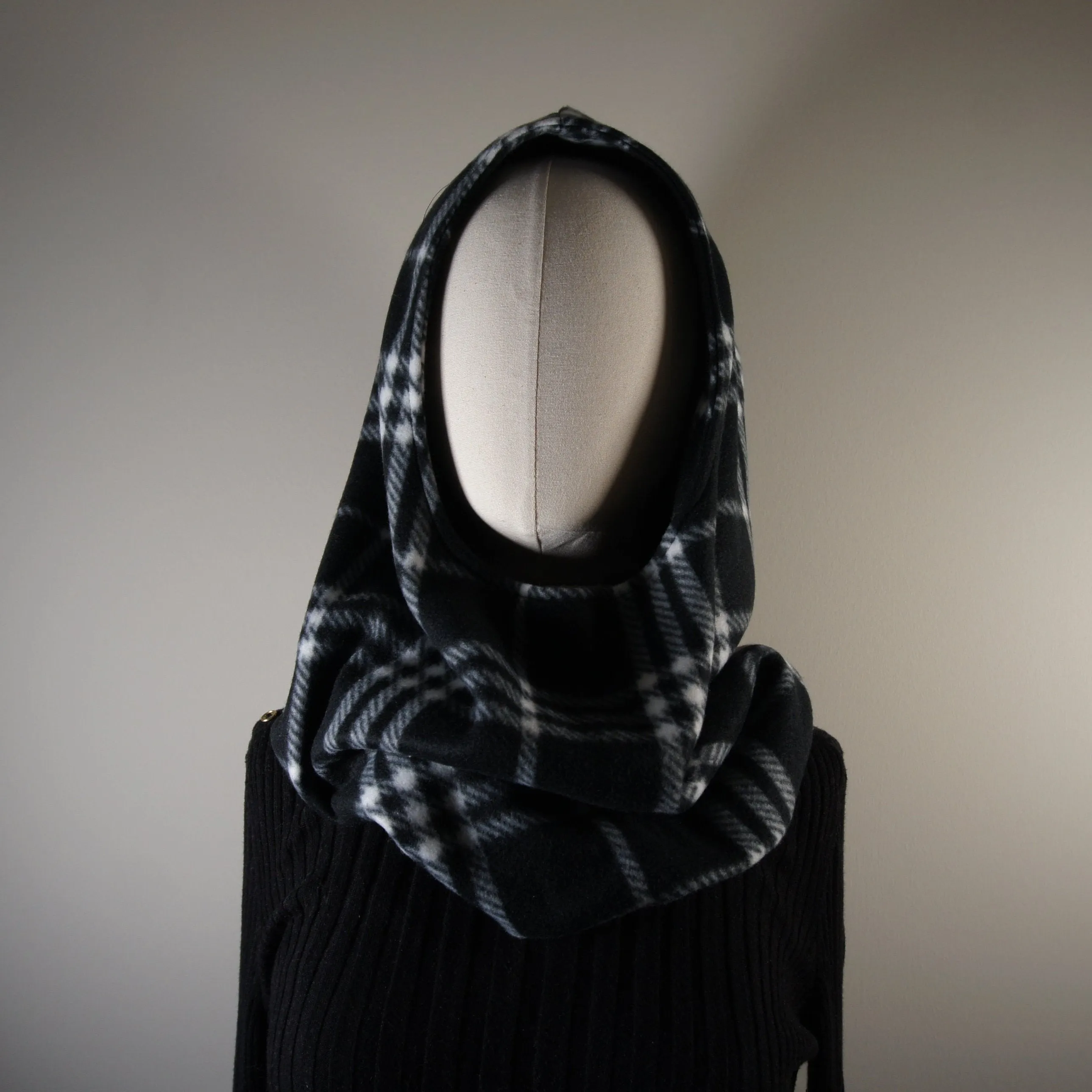 Accessories - Scarves - Hooded Cowl - Black and White Plaid