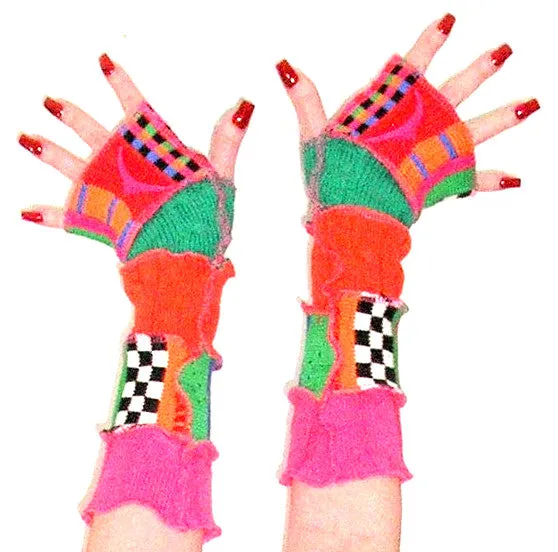 Arm Warmers "Carnival" Bright Neon Colors Orange Green Hot Pink Blue Cable Knit Race Flag Checkered Artist Made Fingerless Gloves Recycled Sweaters Help Save The Planet