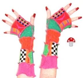 Arm Warmers "Carnival" Bright Neon Colors Orange Green Hot Pink Blue Cable Knit Race Flag Checkered Artist Made Fingerless Gloves Recycled Sweaters Help Save The Planet