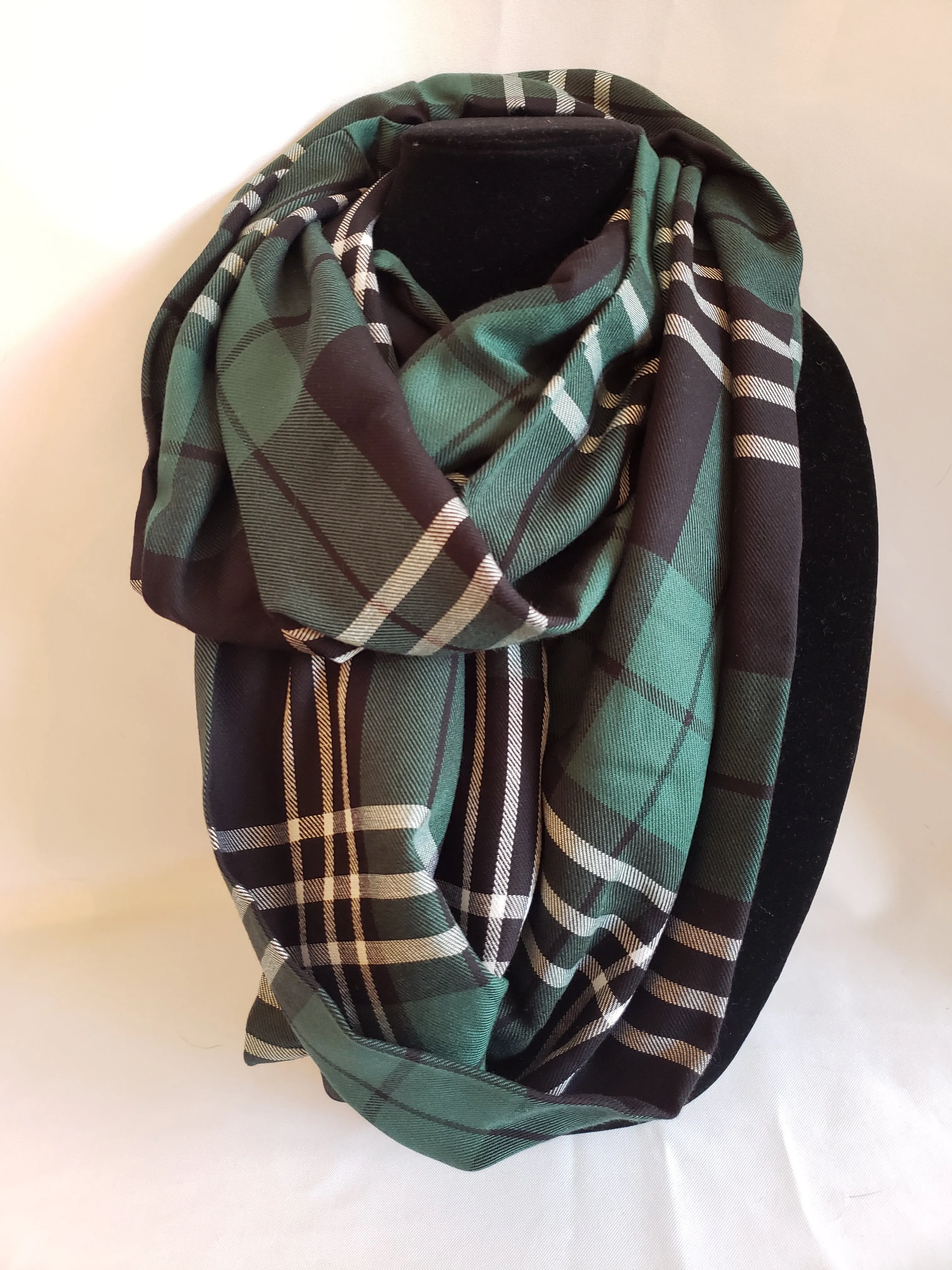Autumn Infinity Scarf in Green, Black, & White Plaid