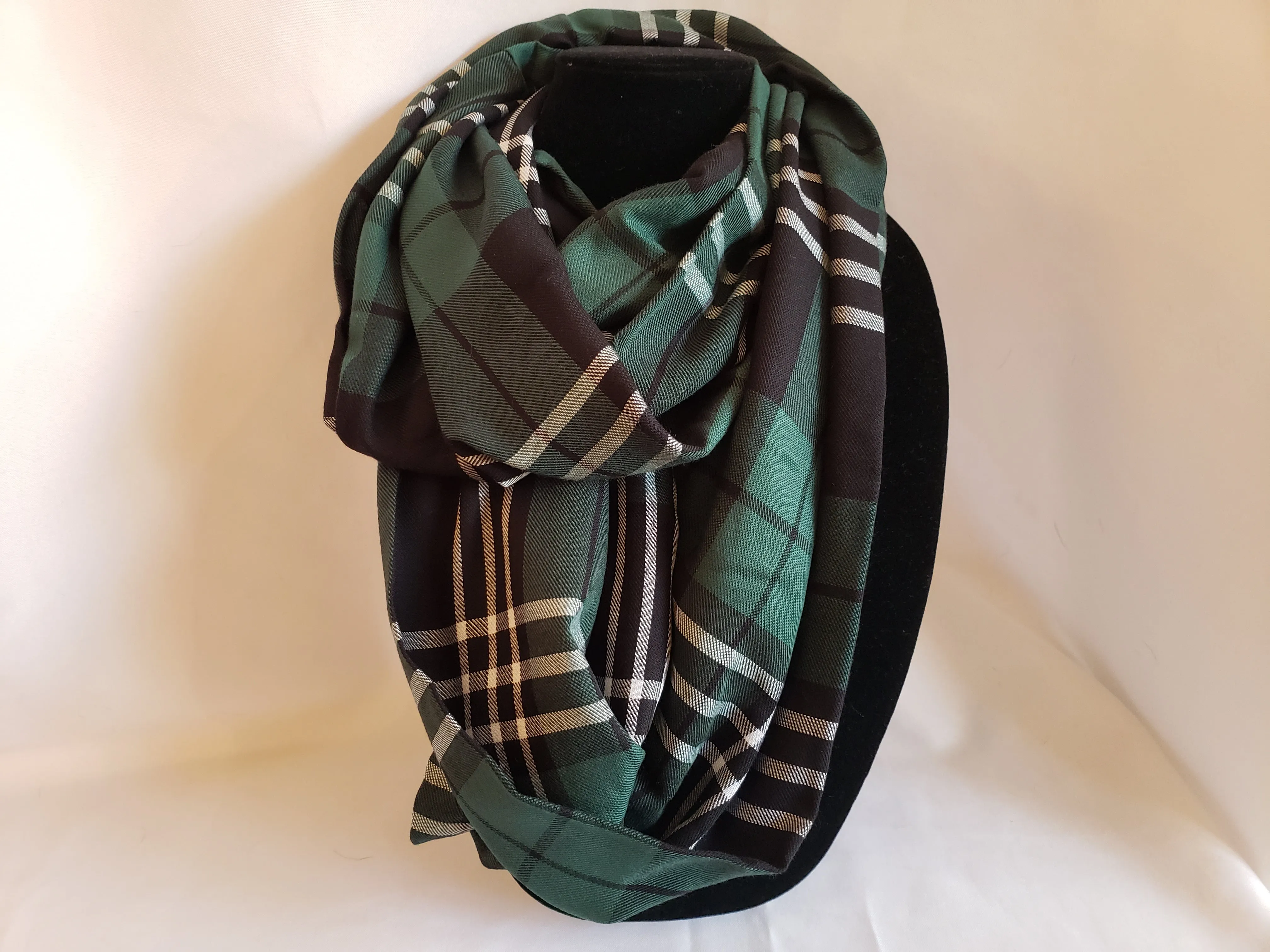 Autumn Infinity Scarf in Green, Black, & White Plaid
