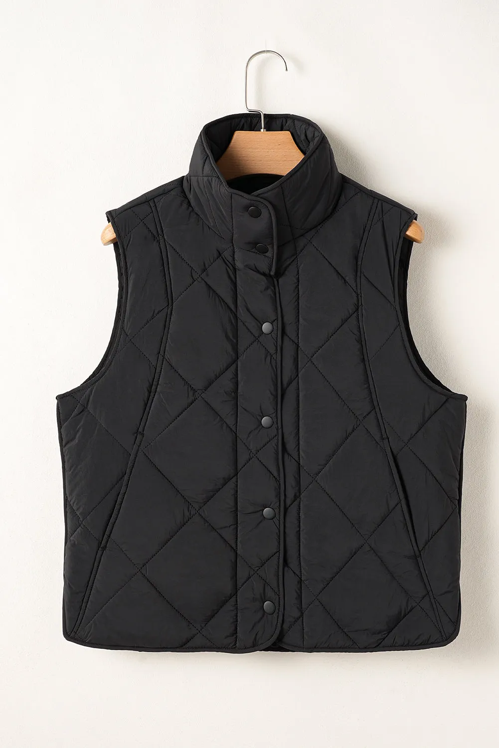 Black Quilted High Neck Button Up Pocket Gilet