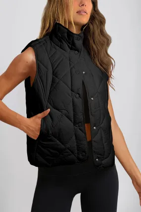 Black Quilted High Neck Button Up Pocket Gilet