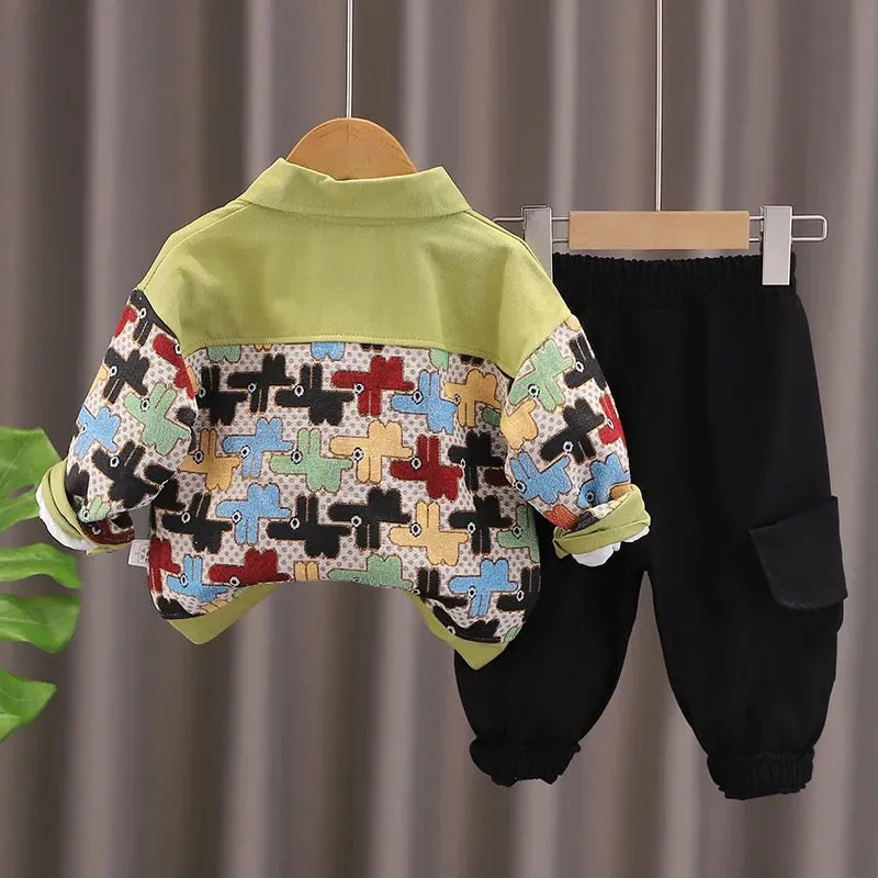 Boys Green Designer Shacket With T-shirt And Pants 3 Pcs Set