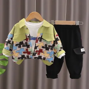 Boys Green Designer Shacket With T-shirt And Pants 3 Pcs Set