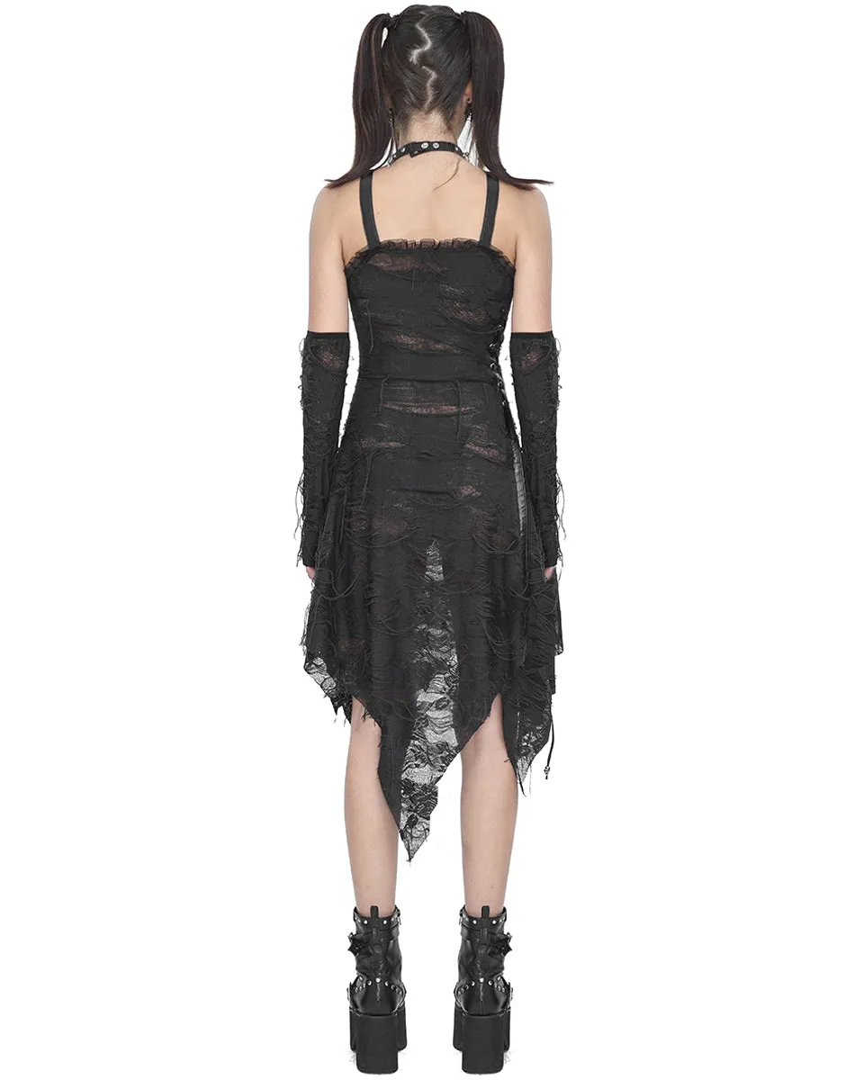 Devil Fashion Apocalyptic Punk Shredded Slip Dress & Gloves