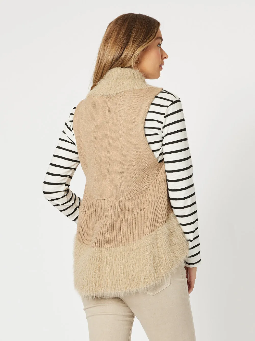 Fluffy Trim Knit Vest - Caramel