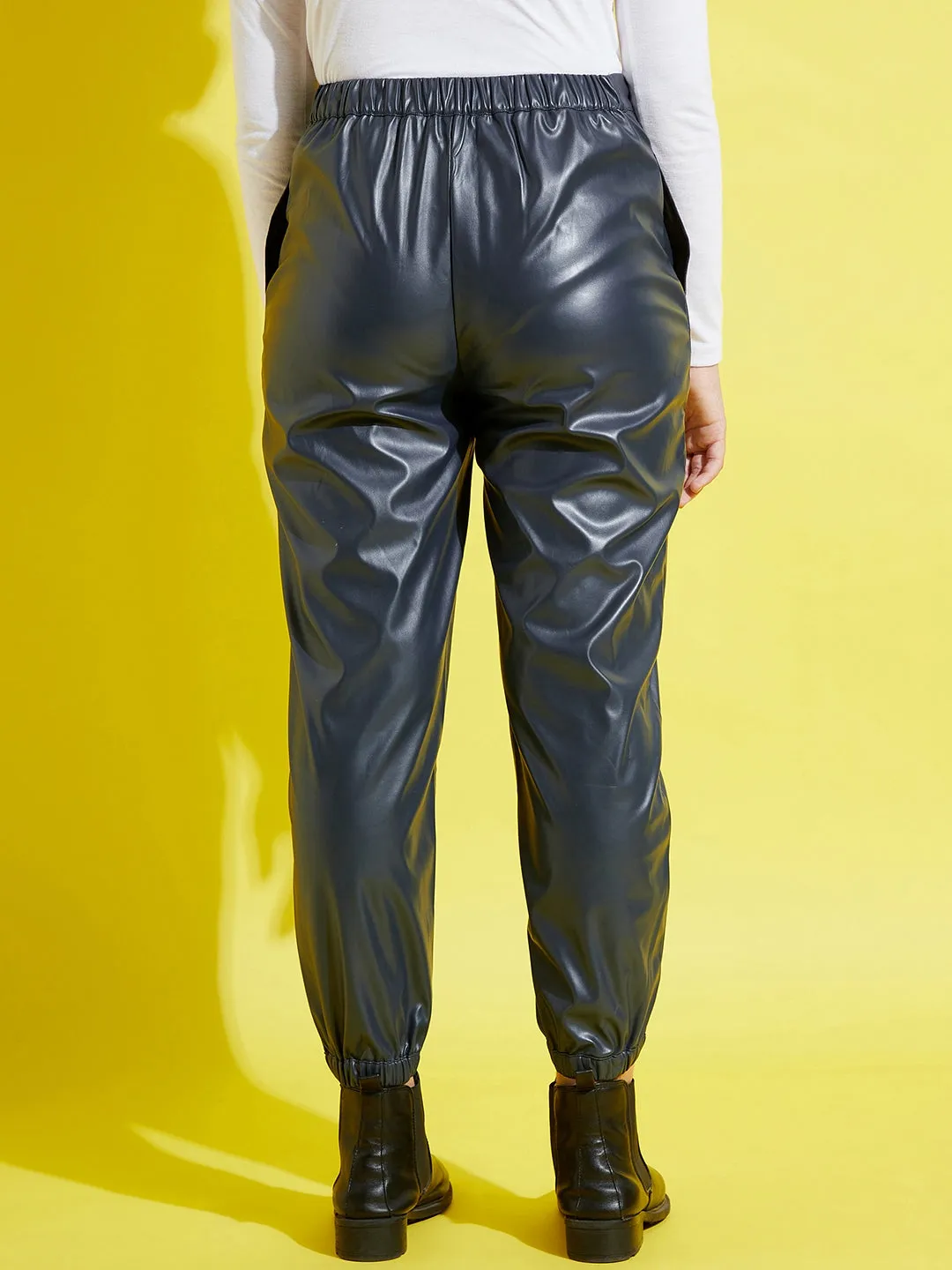 Girls Navy Pu Joggers
