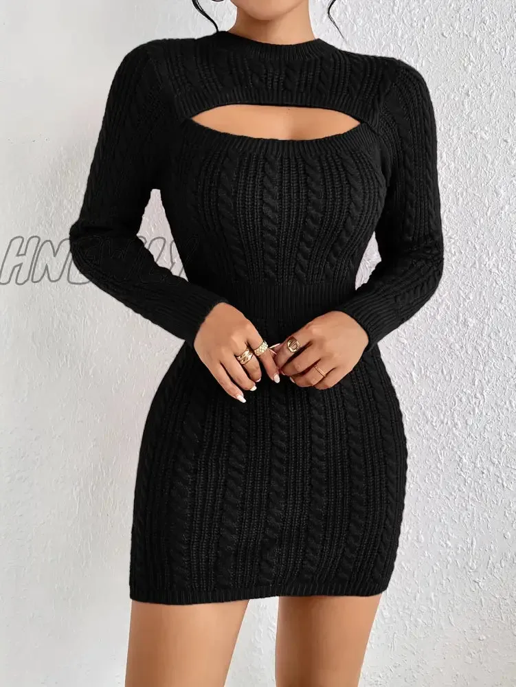 Hnewly Cut Out Cable Knit Sweater Dress, Sexy Long Sleeve Bodycon Dress, Women's Clothing