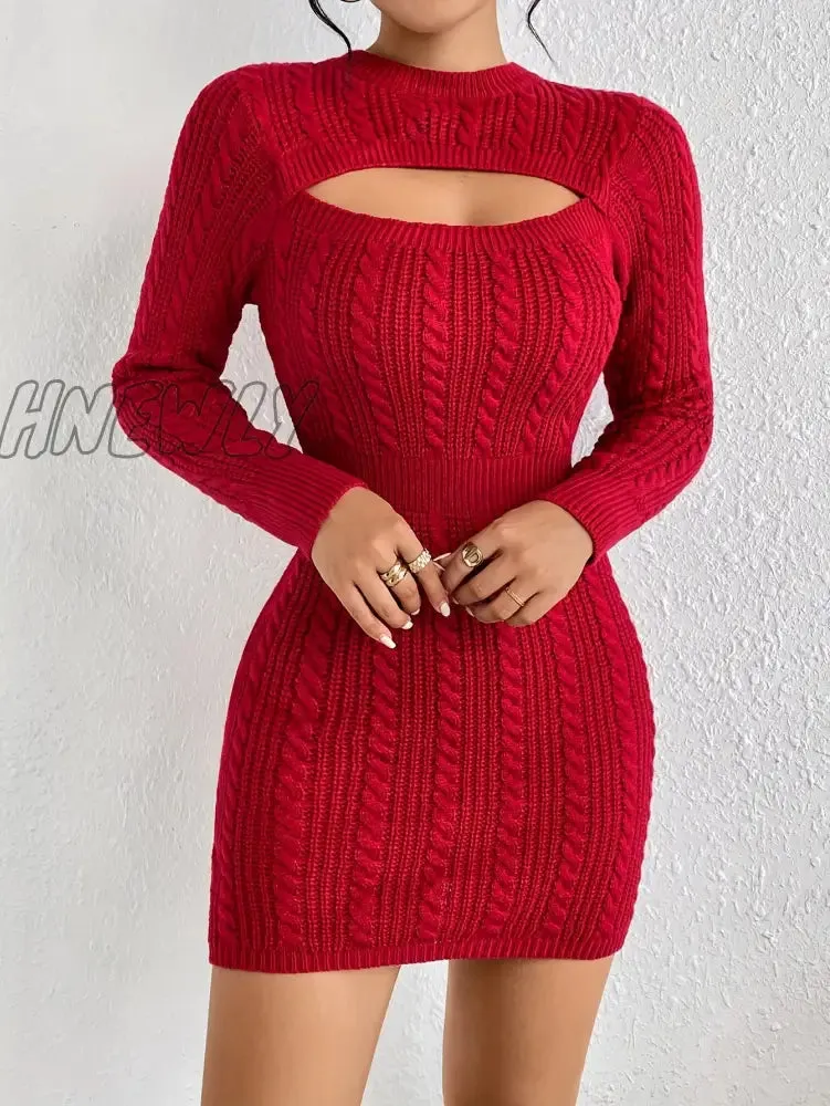 Hnewly Cut Out Cable Knit Sweater Dress, Sexy Long Sleeve Bodycon Dress, Women's Clothing