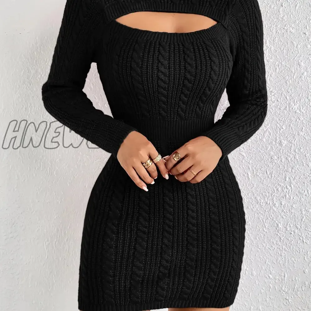 Hnewly Cut Out Cable Knit Sweater Dress, Sexy Long Sleeve Bodycon Dress, Women's Clothing