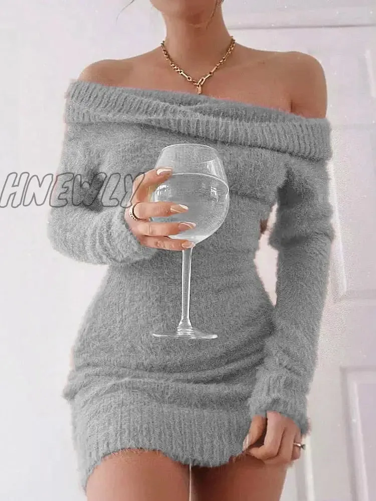 Hnewly Off Shoulder Women Sweater Bodycon Dress Sexy French Knitted Long Sleeve Pink Y2k Vintage Winter Clothes Slim Knitwear Vestido