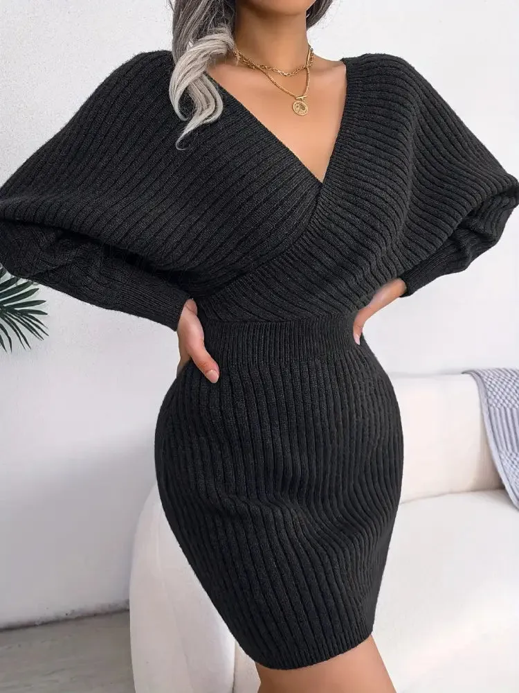 Hnewly Women's Sweater Dress Long Sleeve Cocktail Dresses Wrap Knit Sweater Sexy Dress