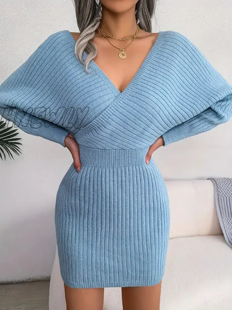 Hnewly Women's Sweater Dress Long Sleeve Cocktail Dresses Wrap Knit Sweater Sexy Dress