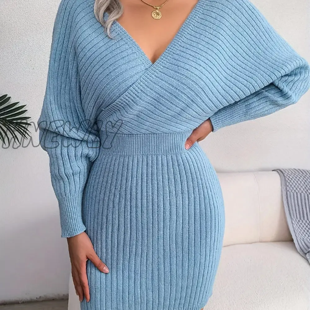 Hnewly Women's Sweater Dress Long Sleeve Cocktail Dresses Wrap Knit Sweater Sexy Dress