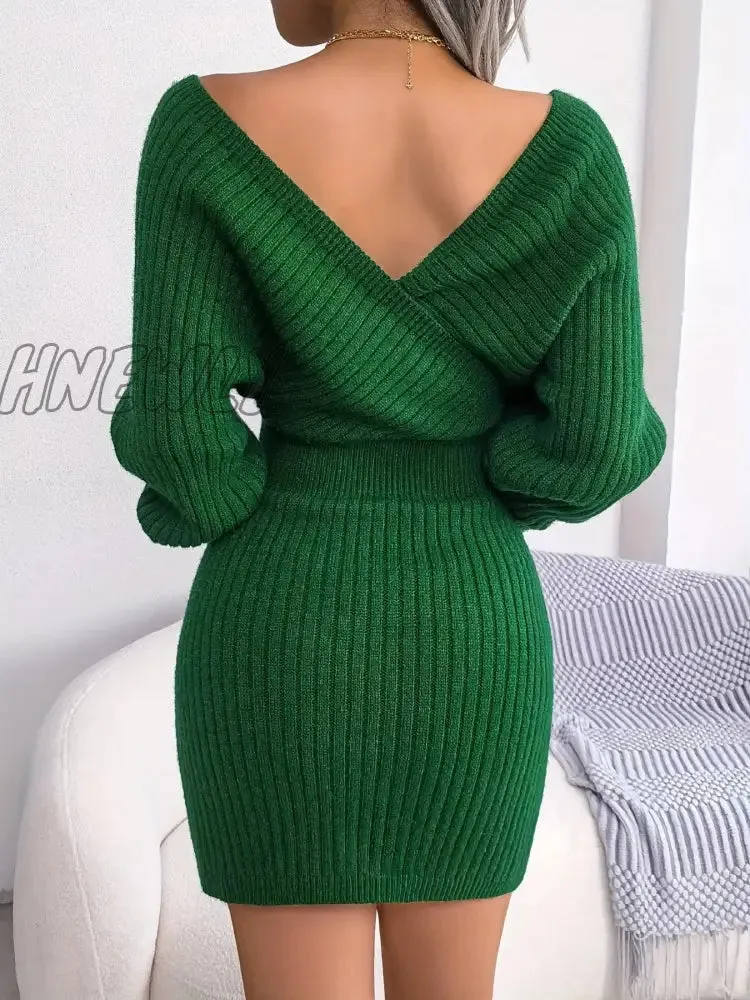 Hnewly Women's Sweater Dress Long Sleeve Cocktail Dresses Wrap Knit Sweater Sexy Dress