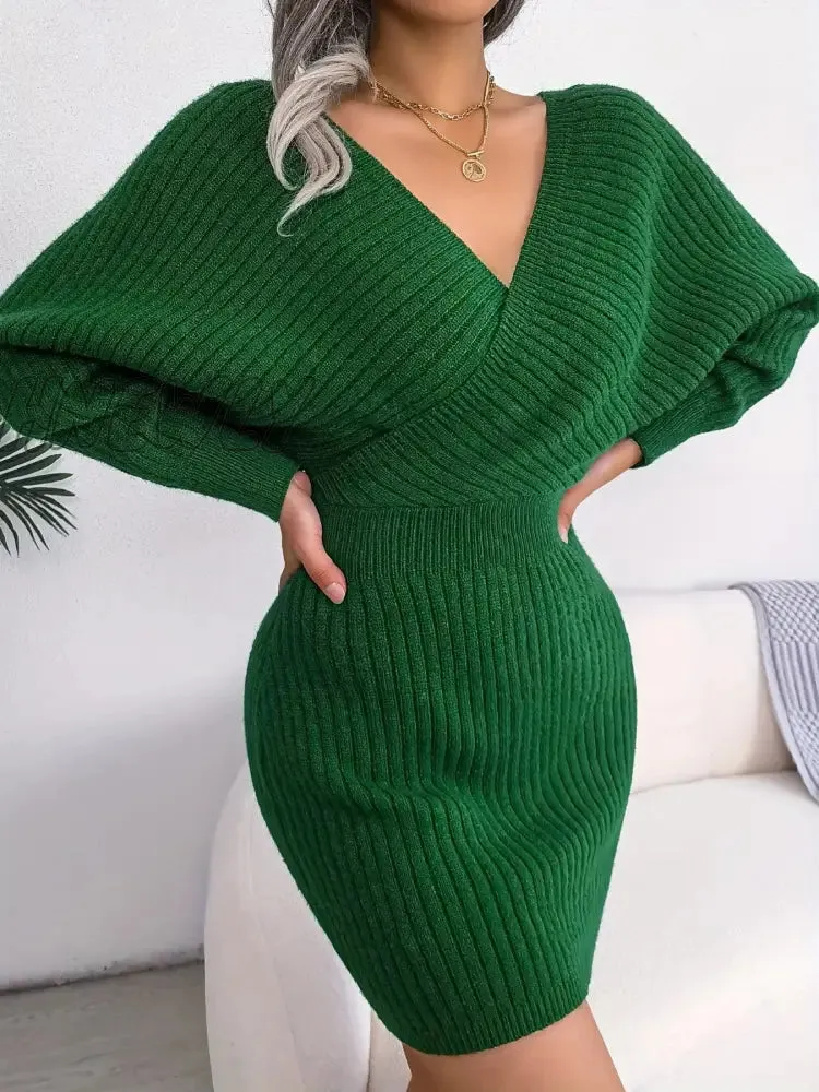 Hnewly Women's Sweater Dress Long Sleeve Cocktail Dresses Wrap Knit Sweater Sexy Dress