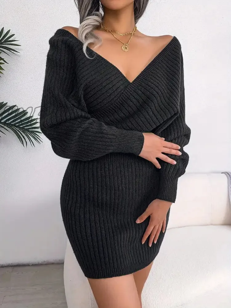 Hnewly Women's Sweater Dress Long Sleeve Cocktail Dresses Wrap Knit Sweater Sexy Dress
