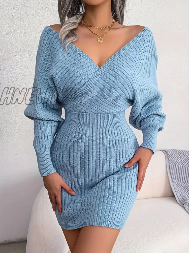Hnewly Women's Sweater Dress Long Sleeve Cocktail Dresses Wrap Knit Sweater Sexy Dress