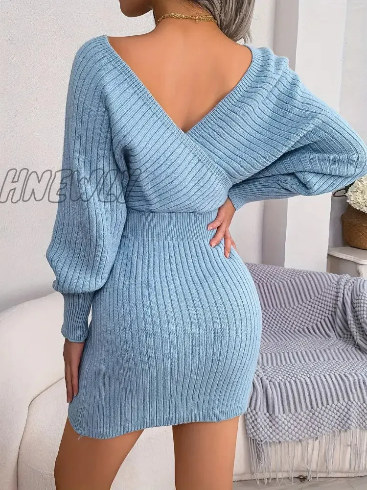 Hnewly Women's Sweater Dress Long Sleeve Cocktail Dresses Wrap Knit Sweater Sexy Dress