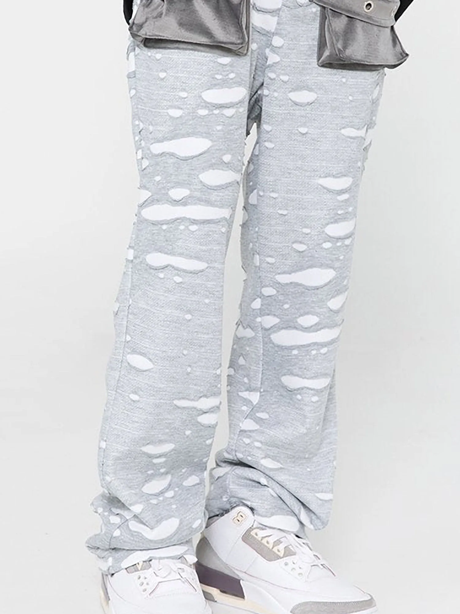JUSTNOTAG Washed Destroyed Flare Pants Pockets Casual Micro Flared Sweatpants Streetwear Slim Fit Zipper Joggers