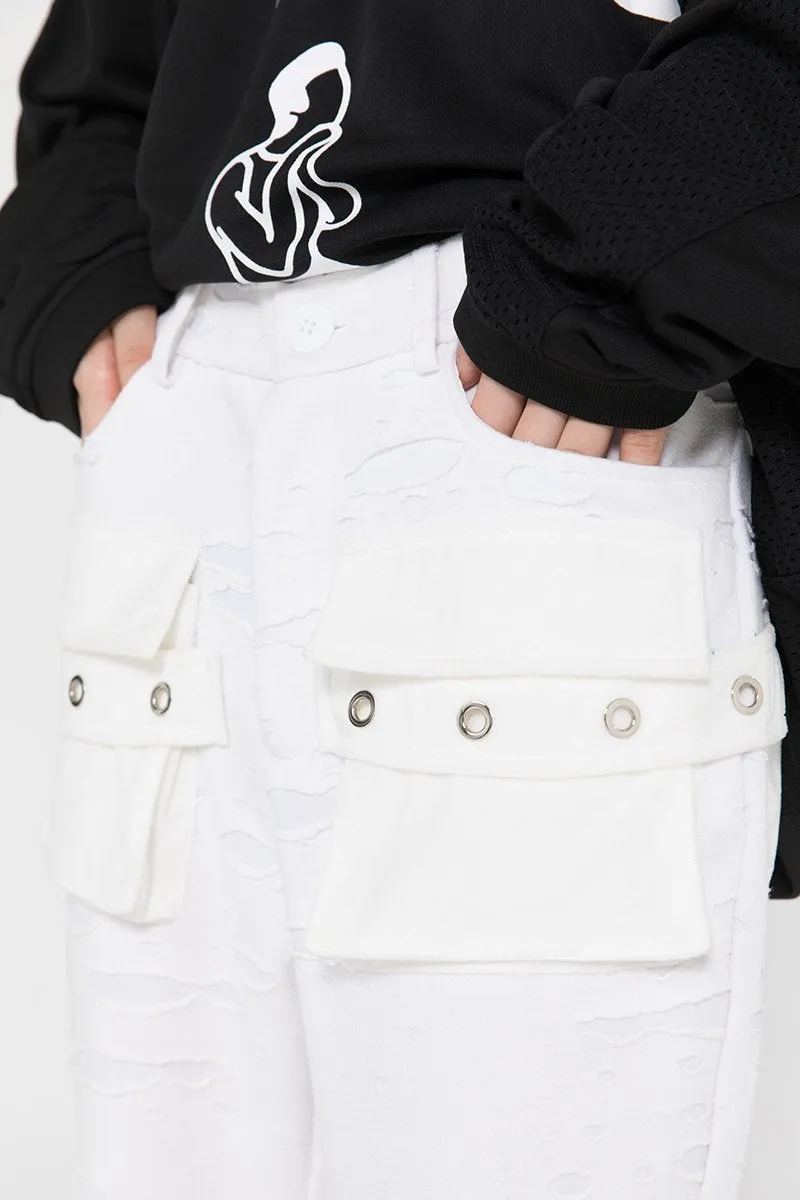 JUSTNOTAG Washed Destroyed Flare Pants Pockets Casual Micro Flared Sweatpants Streetwear Slim Fit Zipper Joggers
