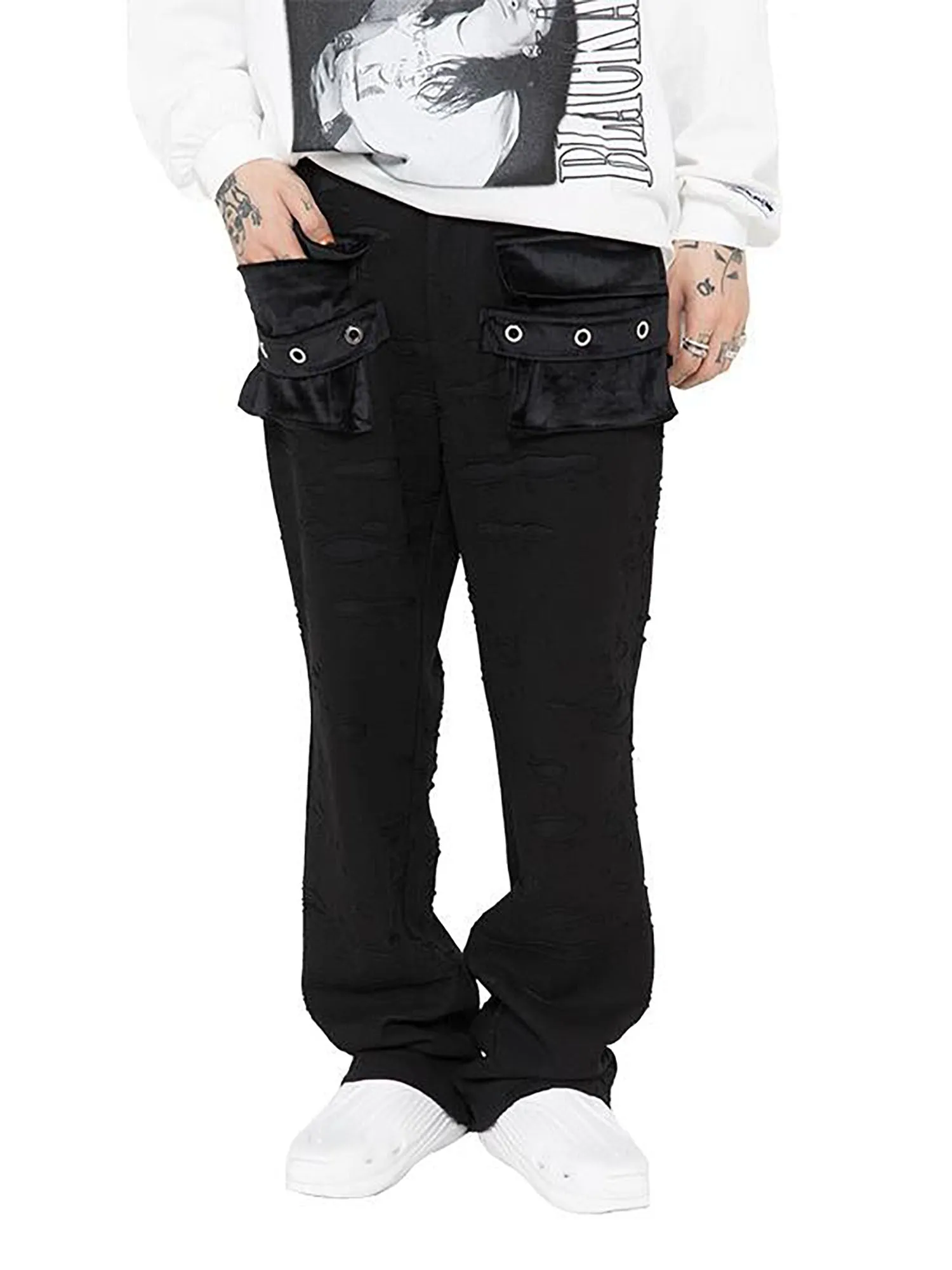 JUSTNOTAG Washed Destroyed Flare Pants Pockets Casual Micro Flared Sweatpants Streetwear Slim Fit Zipper Joggers