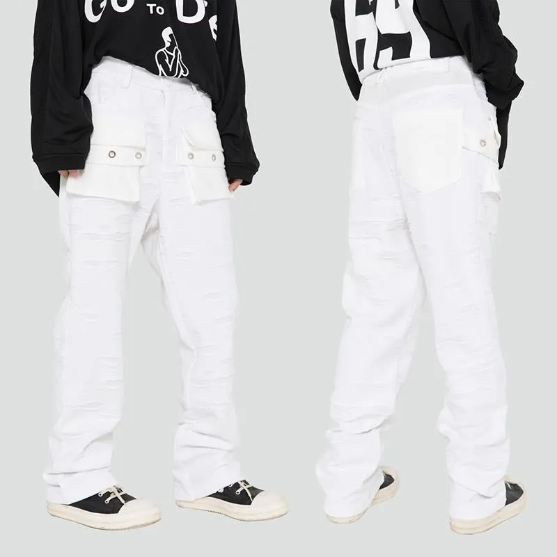 JUSTNOTAG Washed Destroyed Flare Pants Pockets Casual Micro Flared Sweatpants Streetwear Slim Fit Zipper Joggers