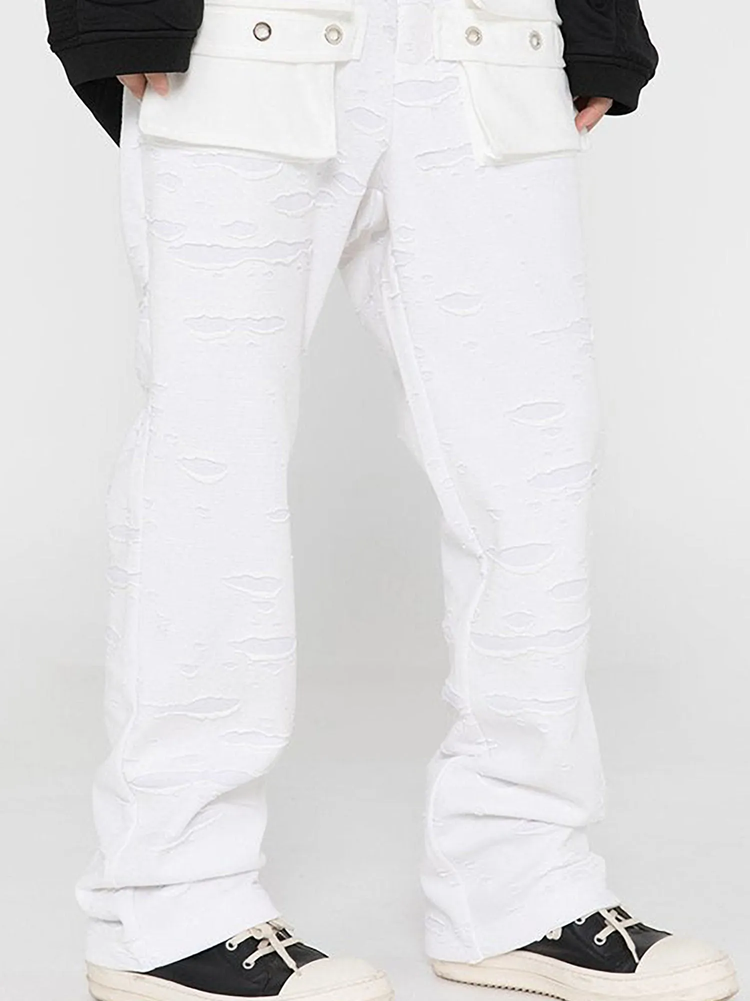 JUSTNOTAG Washed Destroyed Flare Pants Pockets Casual Micro Flared Sweatpants Streetwear Slim Fit Zipper Joggers