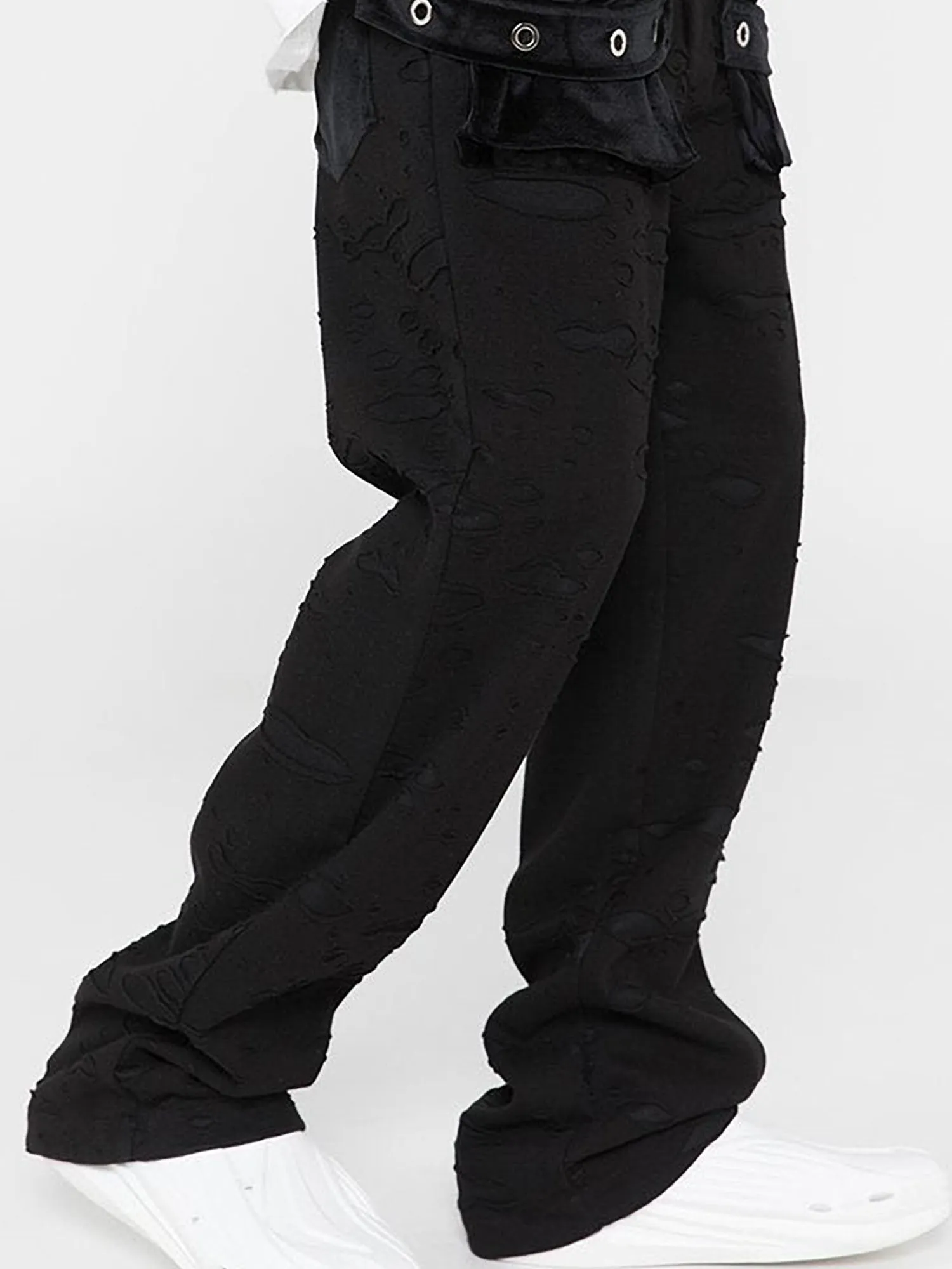 JUSTNOTAG Washed Destroyed Flare Pants Pockets Casual Micro Flared Sweatpants Streetwear Slim Fit Zipper Joggers