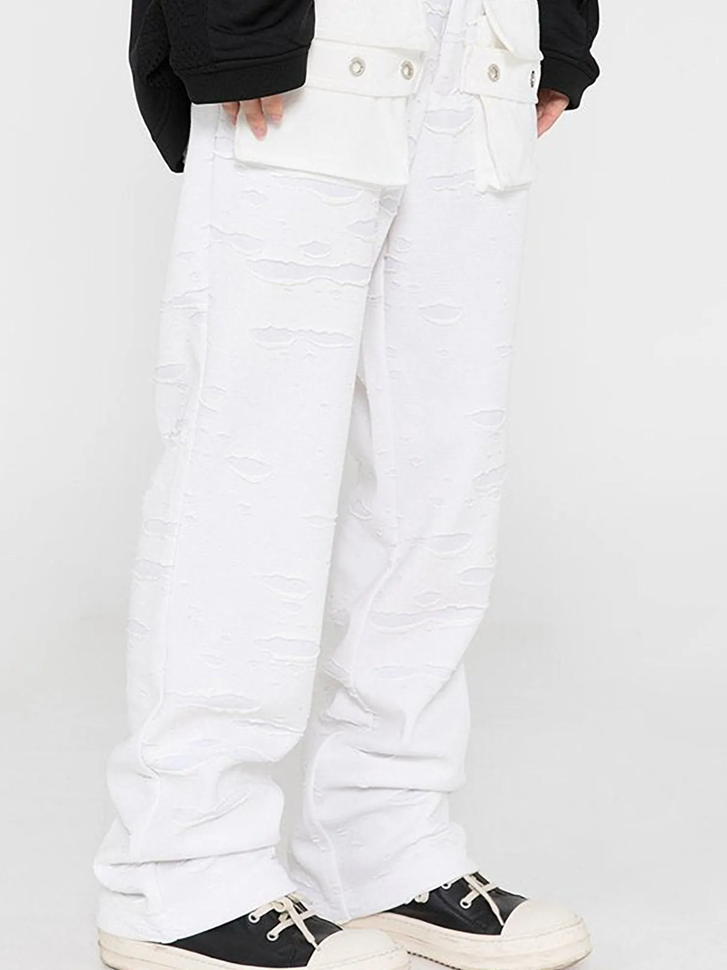 JUSTNOTAG Washed Destroyed Flare Pants Pockets Casual Micro Flared Sweatpants Streetwear Slim Fit Zipper Joggers