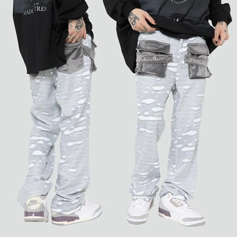 JUSTNOTAG Washed Destroyed Flare Pants Pockets Casual Micro Flared Sweatpants Streetwear Slim Fit Zipper Joggers