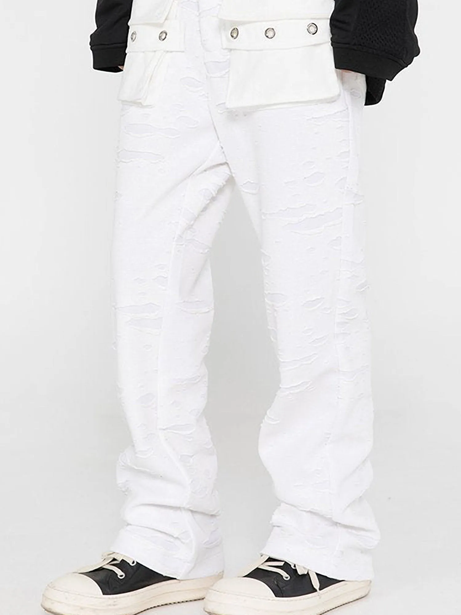 JUSTNOTAG Washed Destroyed Flare Pants Pockets Casual Micro Flared Sweatpants Streetwear Slim Fit Zipper Joggers