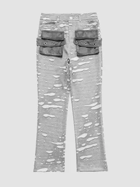JUSTNOTAG Washed Destroyed Flare Pants Pockets Casual Micro Flared Sweatpants Streetwear Slim Fit Zipper Joggers