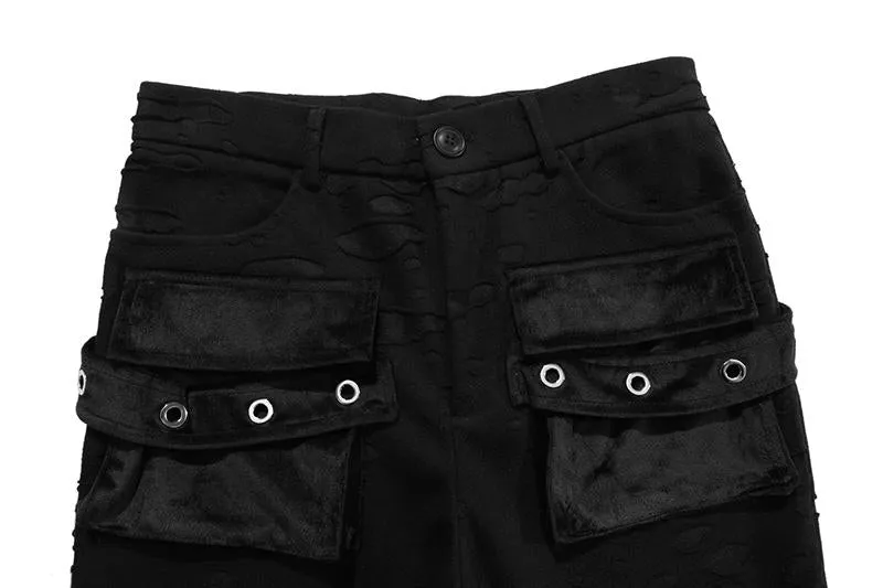 JUSTNOTAG Washed Destroyed Flare Pants Pockets Casual Micro Flared Sweatpants Streetwear Slim Fit Zipper Joggers