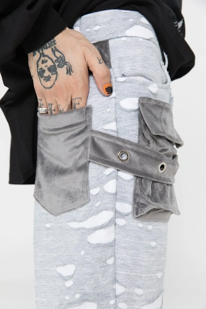 JUSTNOTAG Washed Destroyed Flare Pants Pockets Casual Micro Flared Sweatpants Streetwear Slim Fit Zipper Joggers
