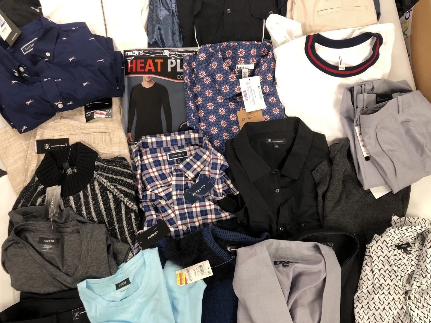 Men's Clothing American Apparel, Alfani, Club Room and more, 35 Units, Shelf Pulls, MSRP $1,516