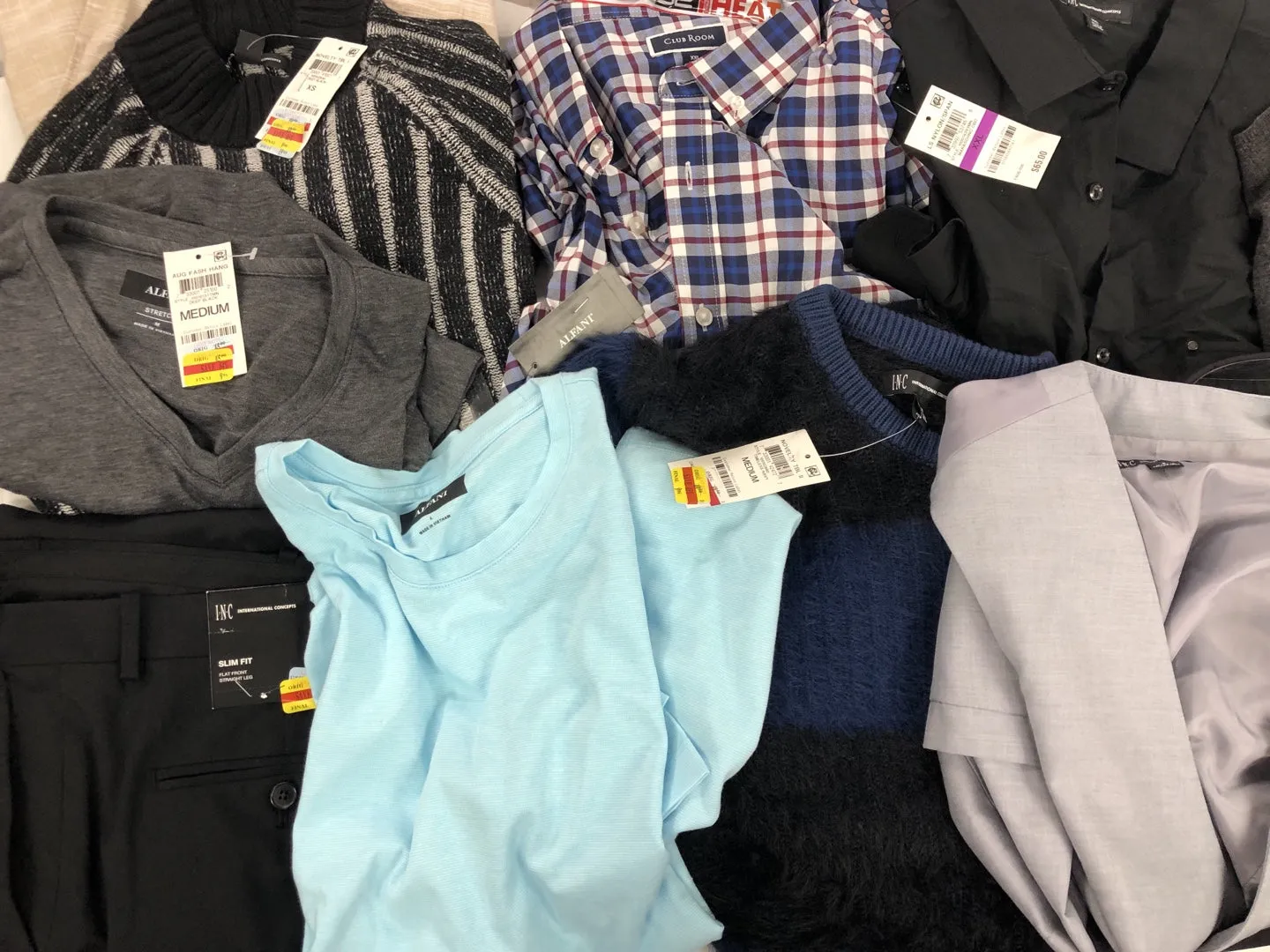 Men's Clothing American Apparel, Alfani, Club Room and more, 35 Units, Shelf Pulls, MSRP $1,516