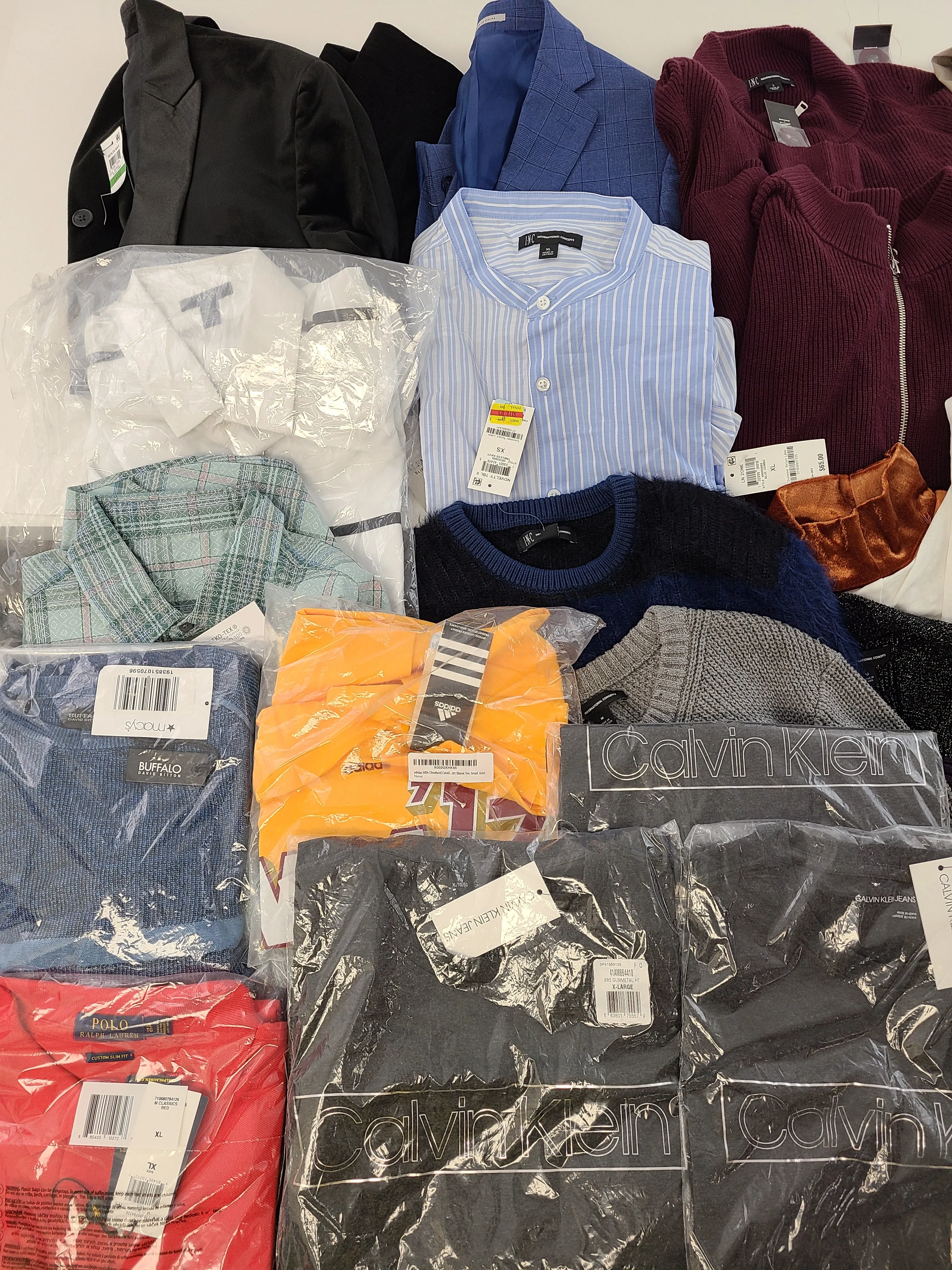 Men's Clothing Wholesale Lot  Polo Ralph Lauren, Calvin Klein, Adidas, Tasso Elba, Buffalo Jeans, American Apparel, INC and more, 25 Units, Shelf Pulls, MSRP $1,768.49