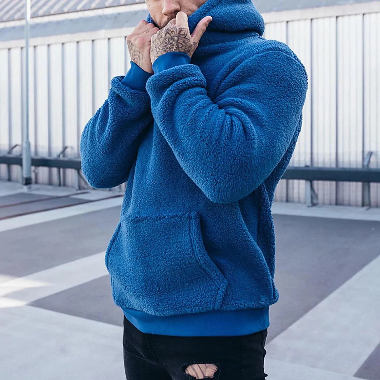 Men's Long Sleeve Athletic Pullover Hoodie - Fuzzy Fleece Solid Color Sweatshirt with Zipper & Detachable Hat