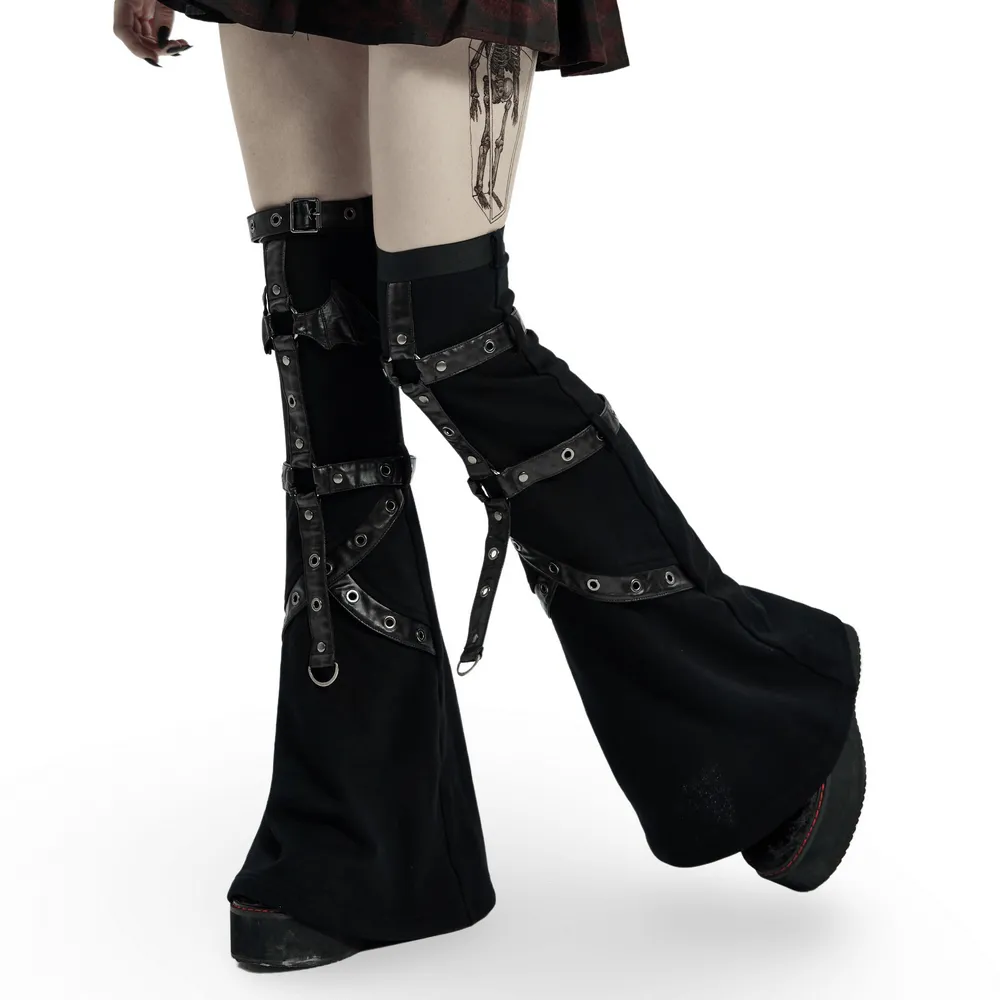 Punk-Styled Flared Leg Sleeves with Flame Print and Bat Detail