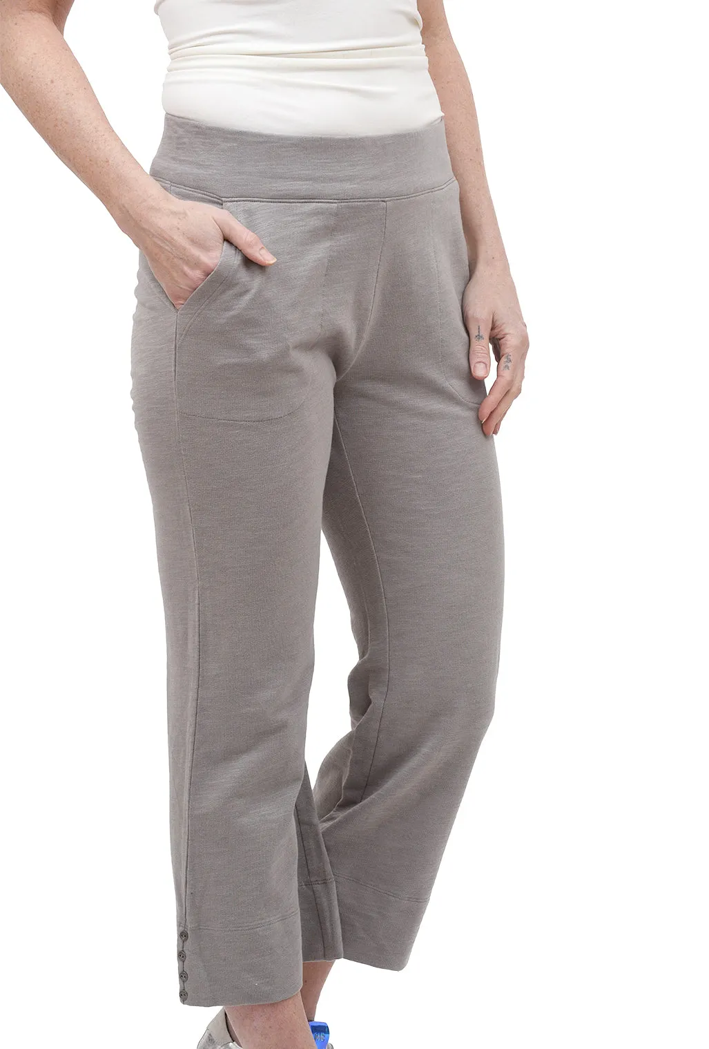 Side Button Knit Capri Pants, Taupe