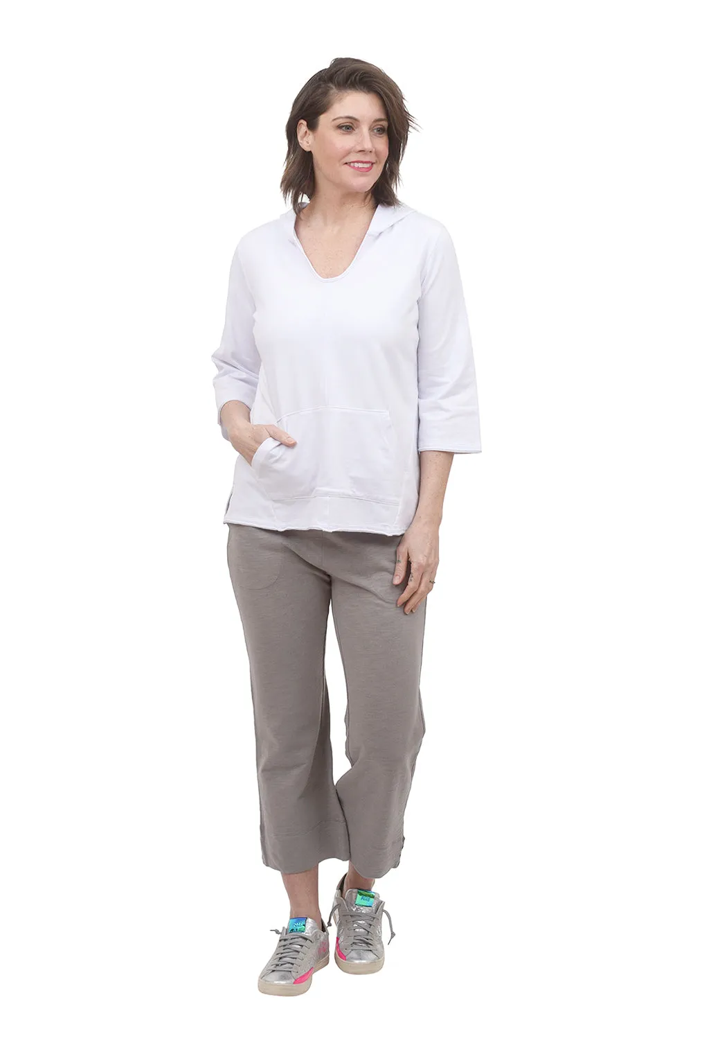 Side Button Knit Capri Pants, Taupe