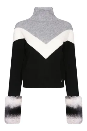 SKI: Triple Tone High Neck Sweater with Cuffs in Black, Cloud and Mist