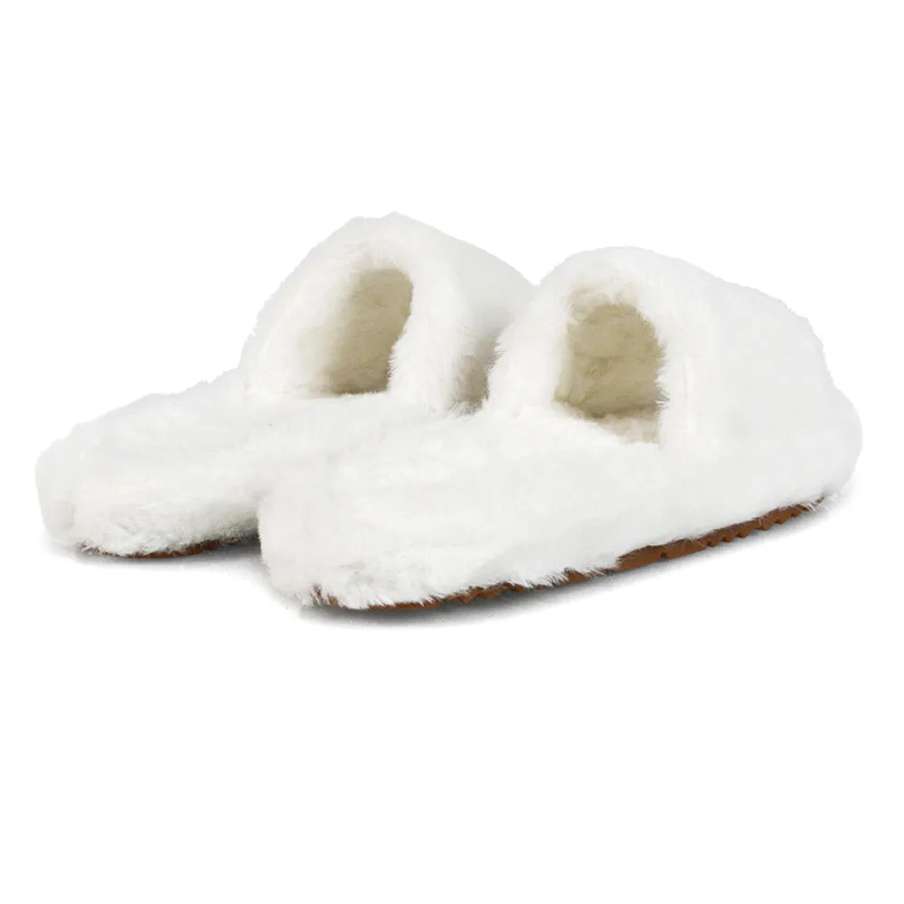 Tally Flat Fluffy Faux Fur Thick Front Strap Slider Women???s Slippers in White