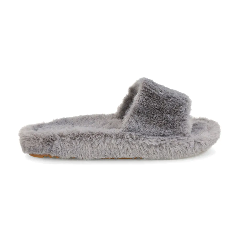 Tally Flat Fluffy Faux Fur Thick Front Strap Slider Women???s Slippers in White