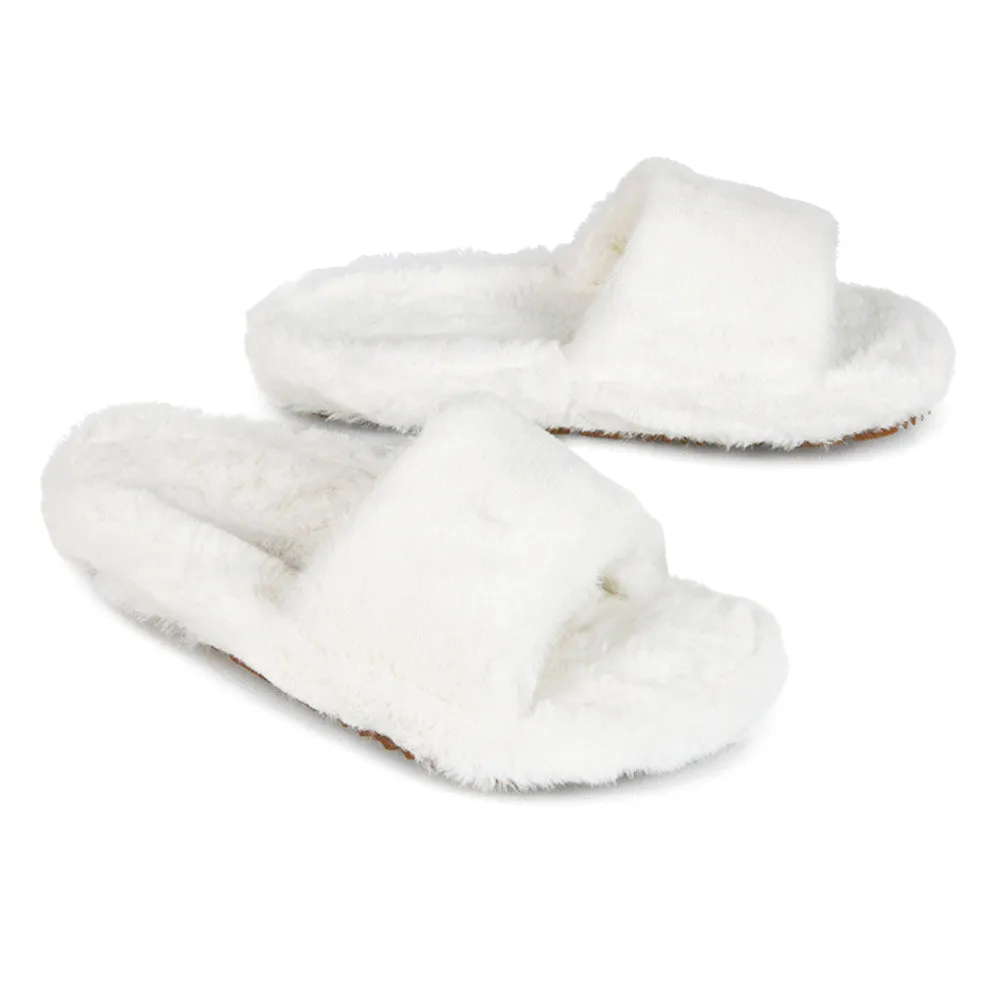 Tally Flat Fluffy Faux Fur Thick Front Strap Slider Women???s Slippers in White