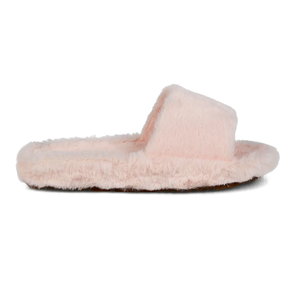 Tally Flat Fluffy Faux Fur Thick Front Strap Slider Women???s Slippers in White