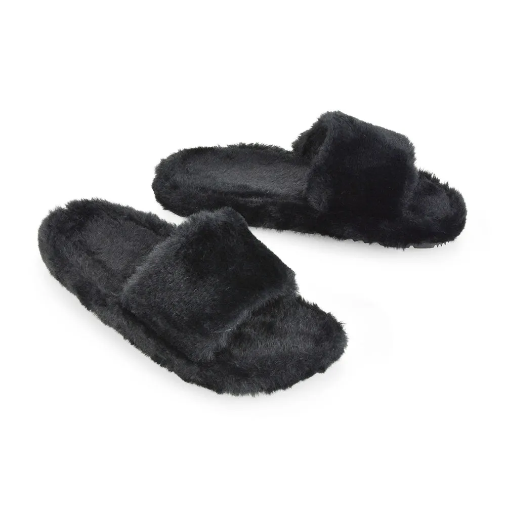 Tally Flat Fluffy Faux Fur Thick Front Strap Slider Women???s Slippers in White